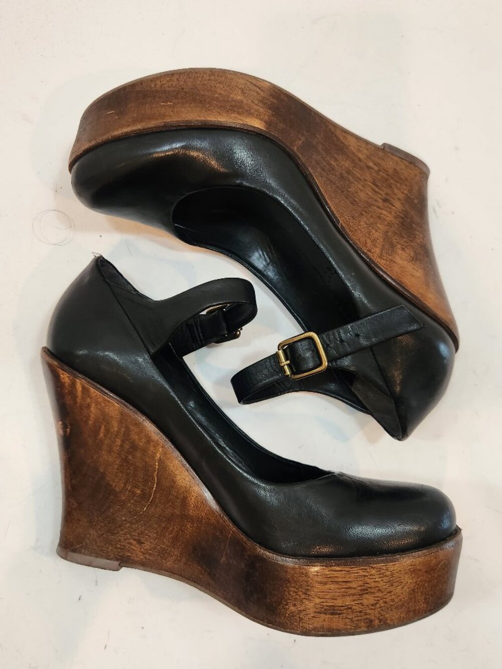 ALDO Retro Wood Platform Wedge Mary Janes Black Leather 6.5